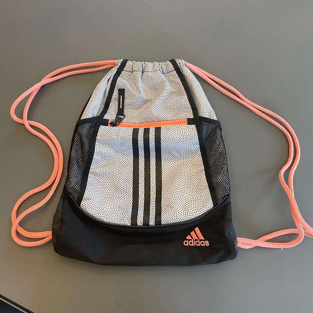 Adidas Black and White Drawstring Bag with Pink Accents